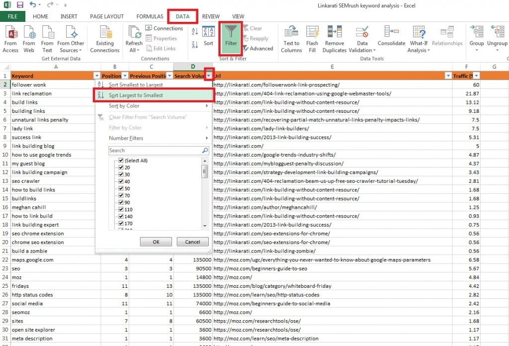 Excel filter data largest to smallest