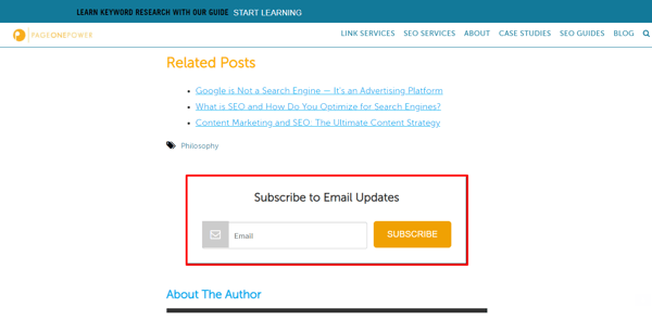 Screenshot of Page One Power call-to-action inviting reader to subscribe to email updates.