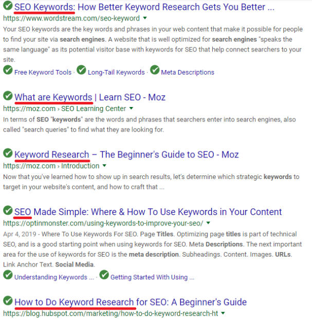 Keyword research title tag screenshot