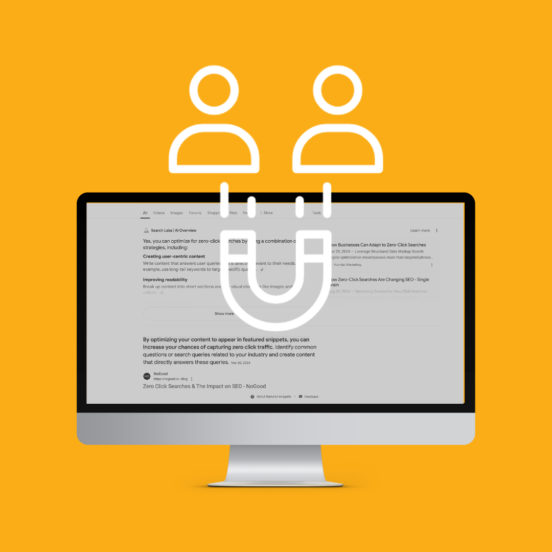 A black and white desktop computer on an orange background with a white graphic of a magnet attracting people overlaid on top.