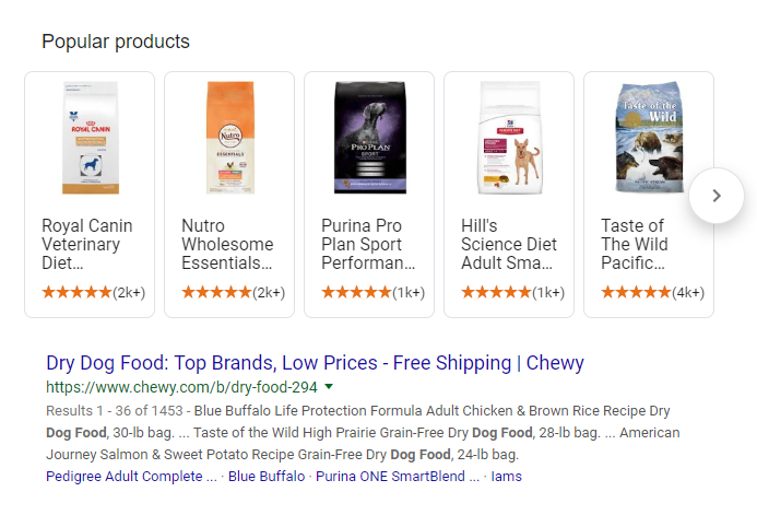 Shopping results screenshot