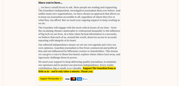 Screenshot of The Guardian’s call-to-action with value proposition above bold font highlighted in yellow.