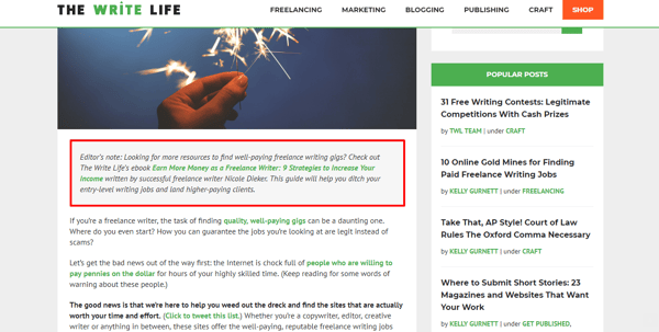 Screenshot of The Write Life Blog post with call-to-action in italics beneath the image of a hand holding sparkler.